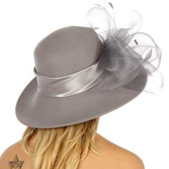 Church formal Wool hat with netted feather…